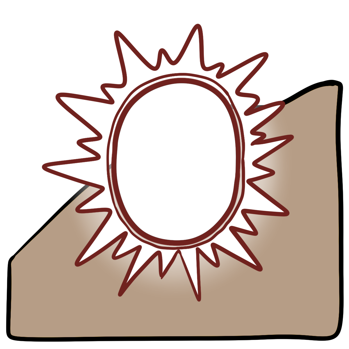 A glowing white oval with a ring of white outward points around it with red outlines. Curved beige skin fills the bottom half of the background.